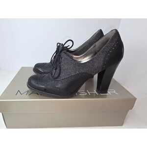 Marc Fisher MFBARRETT Black Grey Felt Wingtip Oxford Lace Up Block Heels 7.5
370